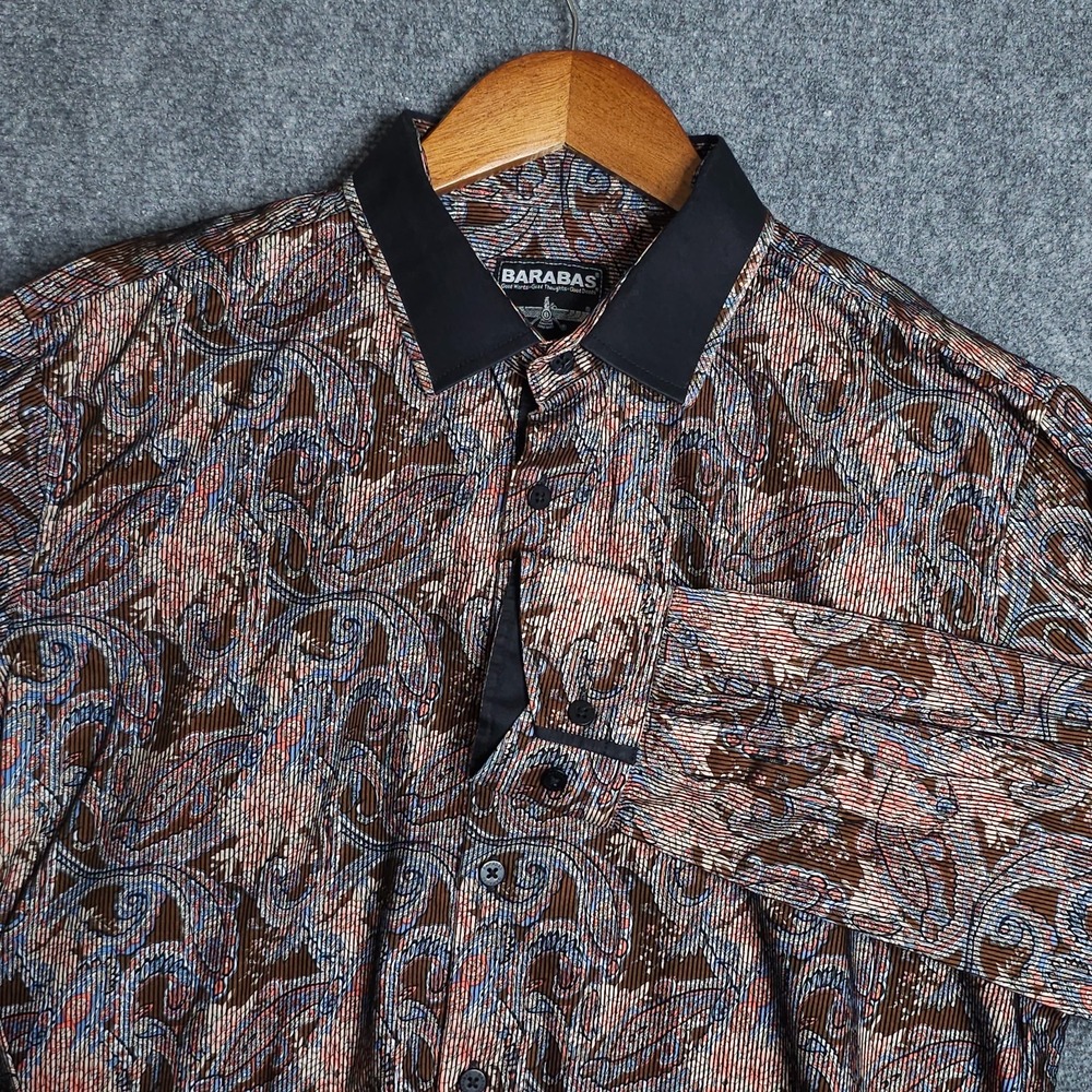 Barabas Button Up Shirt Mens Large Brown Blue Paisley‎ Long Sleeve Corduroy